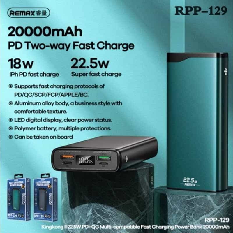 Remax 22.5W Aluminum Alloy Power Bank PD + QC (20,000 mAh) (3 Ports)